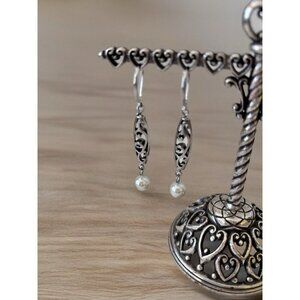 Premier Designs Dangle Drop Filagree Pearl Earrings Silver/Pewter Tone 2 3/8"